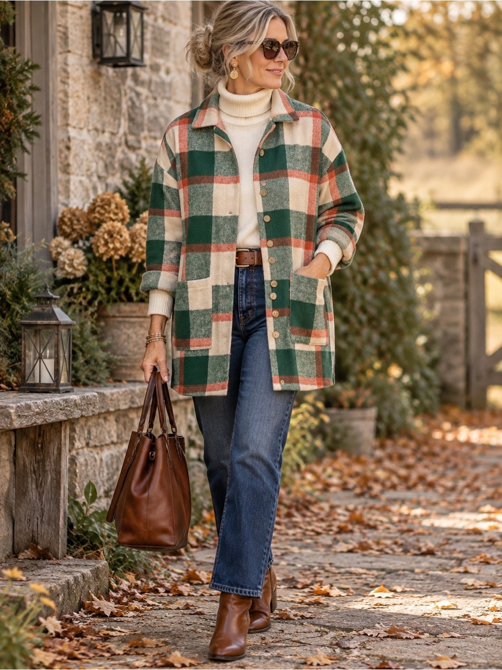 Plaid Utility Shacket Jacket in Green, Cream & Rust